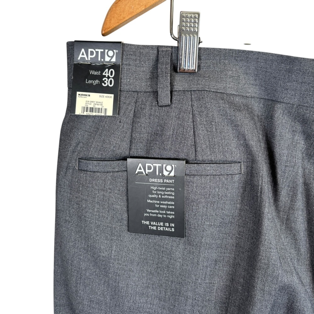 NEW Apt 9 Modern‎ Fit Dress Pants Mens 40x30 Gray Whale Flat Front Stretch